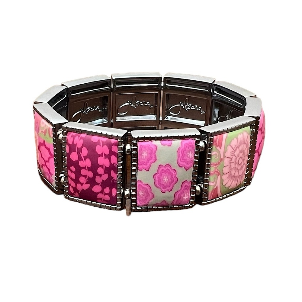 Jilzara pretty pink green fuchsia silver floral plates stretch bracelet